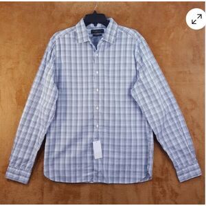 BLOOMINGDALES Mens Shirt Blue Navy Plaid Button Up Business Casual Collar XL